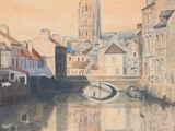 a watercolor painting of a river with buildings and a clock tower in the background