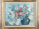 a painting of flowers in a vase on a table
