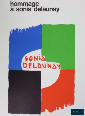 a white poster with a red, green, and blue design on it