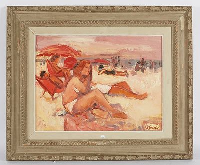 un tableau représentant deux femmes assises sur la plage