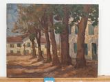 an image of a painting of a house with trees in front of it