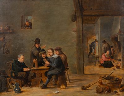 peinture d'un groupe de personnes assises autour d'une table dans une pièce