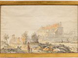 an image of a painting of a castle on a hill with a man standing in front of it
