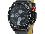 men ' s watch with black dial and black leather strap