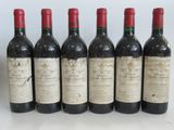 six bottles of red wine lined up in a row