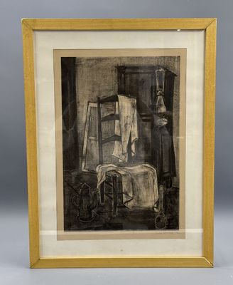 un dessin en noir et blanc représentant une chambre avec un lit et une chaise