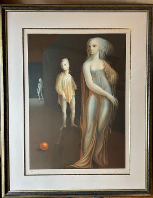 tableau représentant une femme et un enfant debout devant une orange