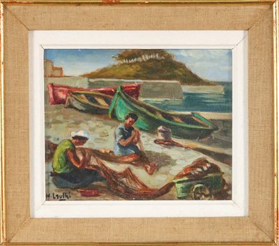 a painting of a group of people sitting on the beach