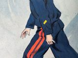 a drawing of a man in a blue jacket and red pants