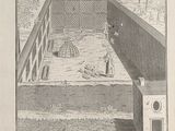 an old book with a drawing of a pool in the middle of it