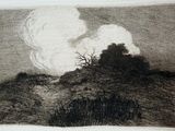 an image of a black and white drawing of a tree on a hill