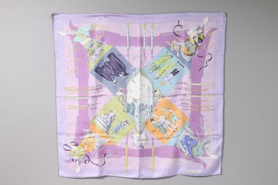 purple and yellow scarf with a picture of a cat and a dog on it