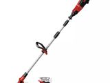 a corded string trimmer with a red handle and a black handle