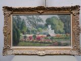 une peinture à l'huile représentant une scène de jardin avec une maison en arrière-plan