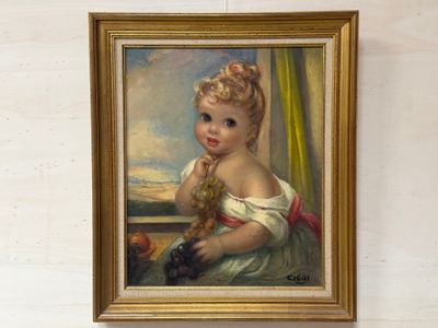 un tableau représentant une petite fille tenant un ours en peluche