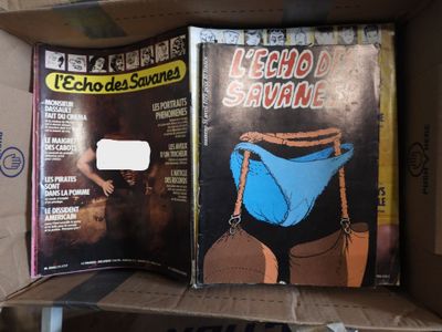 deux magazines dans une boîte en carton posée sur une étagère