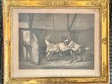 an old picture of a man riding a horse in a stable