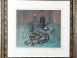 painting of a still life of oysters and a wine bottle on a table