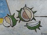 a painting of fruit on a table with a blue and yellow background