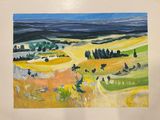 une image représentant un tableau où l'on voit un champ avec des arbres et des collines en arrière-plan