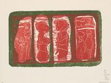 une image représentant un dessin en rouge et blanc de quatre morceaux de viande dans un plateau vert