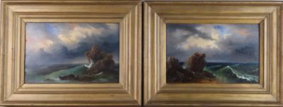 deux tableaux représentant une côte rocheuse avec des vagues et des rochers au premier plan