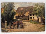 a painting of two horses standing in front of a house