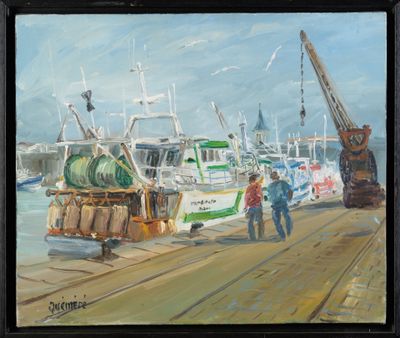 a painting of a man walking on a dock with boats