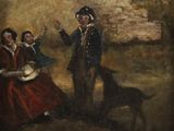 painting of a man and a woman with a dog and a cat