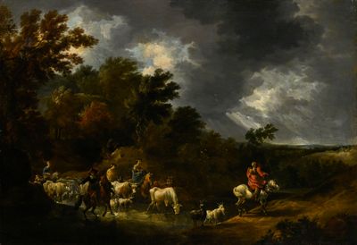 un tableau représentant un groupe de personnes chevauchant, entourées de moutons