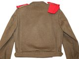 the jacket is brown with red trims on the shoulders