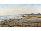 an image of a painting of a beach scene with boats in the water