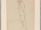 a drawing of a nude woman standing in front of a wall