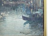 a painting of a gondola on the water with people in it