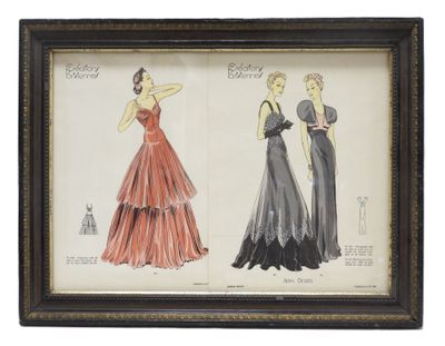 a drawing of two women in evening gowns, one in red and the other in black