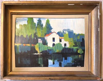 an oil painting of a white house by a body of water