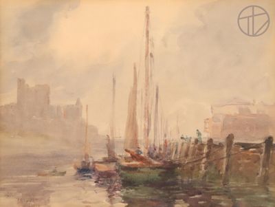 une peinture représentant un bateau dans l'eau près d'un quai