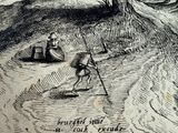 a drawing of a man and a dog in the woods
