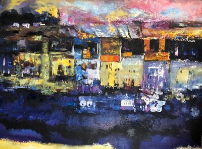 painting of a painting of a city at night with a sky background