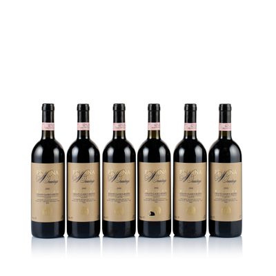 six bottles of red wine lined up in a row