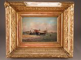 an oil painting of a boat in a body of water