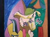 un tableau représentant un homme tenant un couteau et une fleur