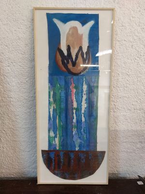 painting of a cat in a vase on a table in front of a white wall