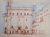 sketches of a drawing of a building with a clock tower in the background
