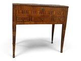 an old wooden table with two drawers and a drawer underneath it
