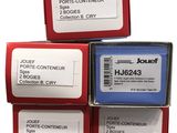 four red boxes with labels on them are stacked on top of each other