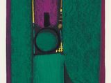 an image of a painting of a clock on a green and purple background