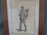 une vieille photo d'un homme en costume et chapeau, tenant un sac
