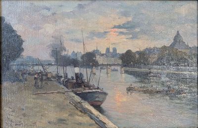 un tableau représentant une scène fluviale avec des bateaux sur l'eau