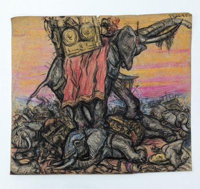 an image of a drawing of an elephant carrying a cart of people